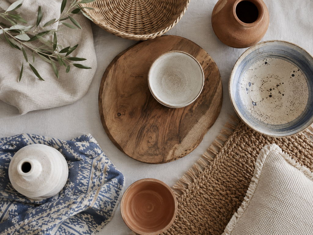 Materiales naturales del estilo Balkan Boho: madera, yute, lino y cerámica