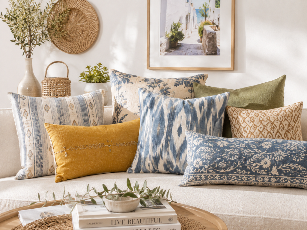 Textiles y fibras naturales en azul, terracota y mostaza del estilo Balkan Boho