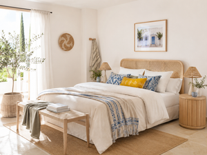 Dormitorio Balkan Boho en blanco, azul mediterráneo y amarillo mostaza