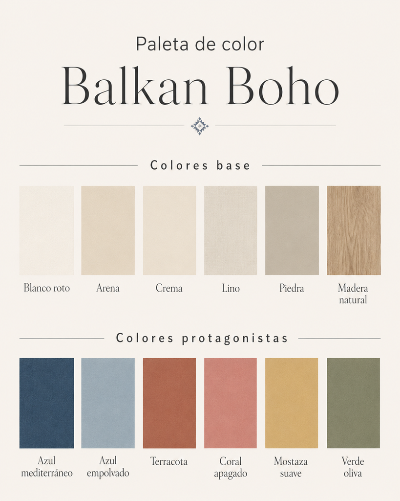 Paleta de colores Balkan Boho 2026 con azul mediterráneo, terracota, mostaza y verde oliva