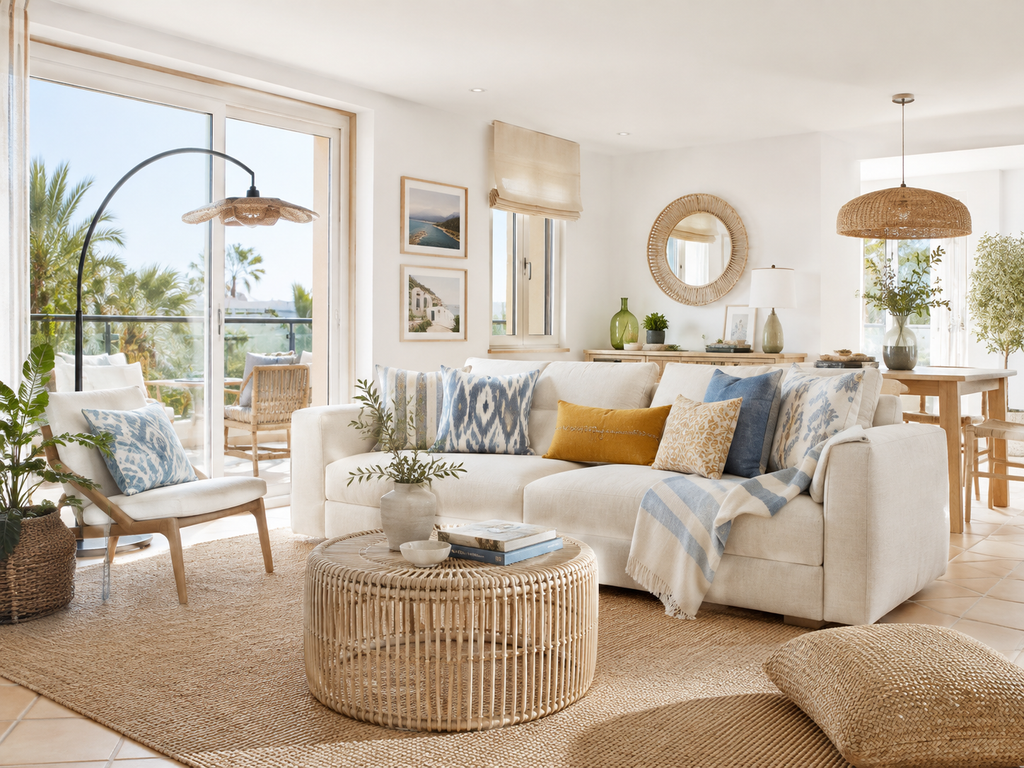 Salón Balkan Boho luminoso con textiles azules y fibras naturales