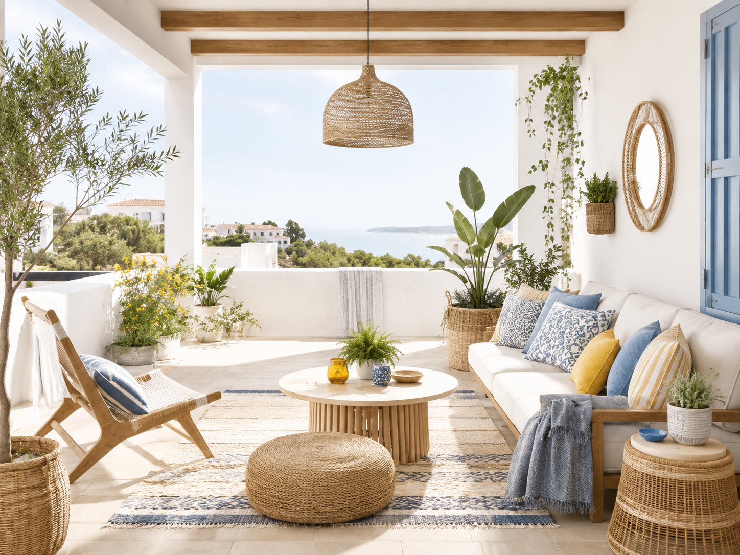 TTerraza Balkan Boho con fibras naturales, textiles azules y detalles mostaza